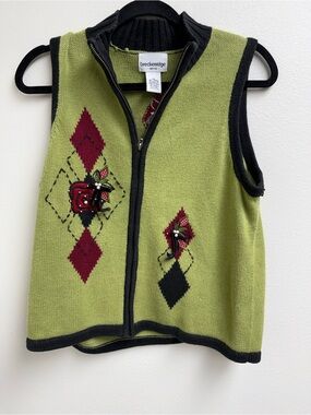 Vintage Breckenridge Olive Green Zip Vest with Red Argyle and Black Trim